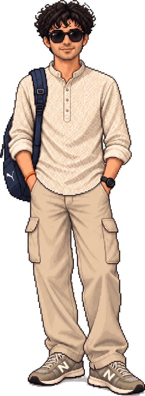 Pixel-art portrait of Chitraksh: curly hair, sunglasses, cream kurta, cargo pants, backpack over one shoulder